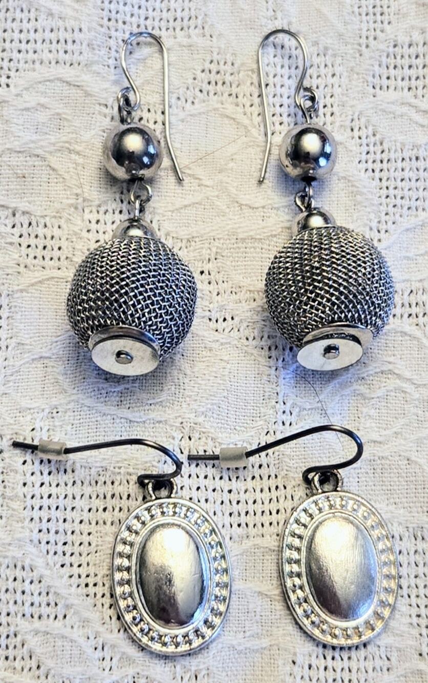 Classic Dangle Drop Earrings Silver Tone 2 Pairs